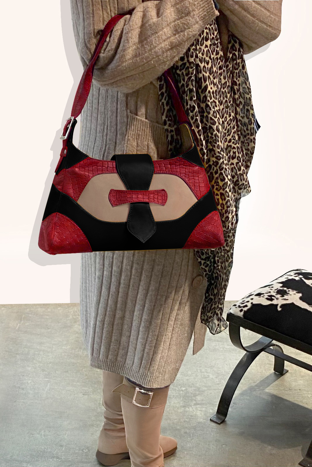 Dress handbag in cardinal red, champagne white and matt black leather - Worn view